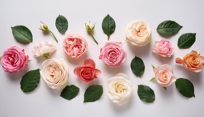 Assorted roses heads. Various soft roses and leaves scattered on a white background, overhead view. Flat lay