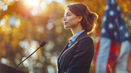 A successful female politician in a business suit gives a speech into a microphone from the stage against the background of the US flag in an autumn park