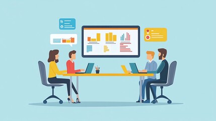 Business meeting with data analysis and charts.