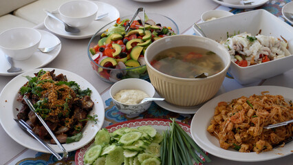 Lunch on the yacht table, lunch for yacht travelers is set on the table