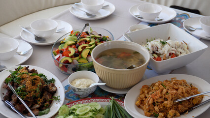 Lunch on the yacht table, lunch for yacht travelers is set on the table