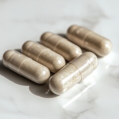 Detailed shot of magnesium capsules on a clean white surface, energy and muscle support