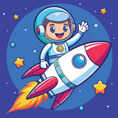 Naklejka premium Cute Astronaut Riding Rocket In Space With Waving Hand Cartoon Vector Icon Illustration