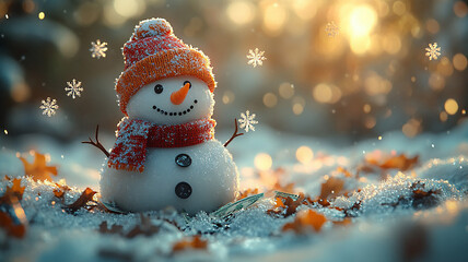 Festive snowman wearing a bucket of money as a hat, white snowflakes surrounding it, set in a winter wonderland, 3D cartoon style.