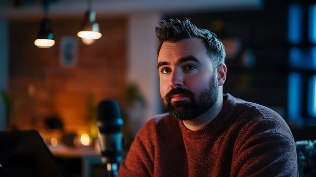 A podcast host with a focused expression, discussing a topic, and rich, warm-toned background.