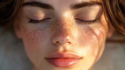 Detailed view of a woman s face with closed eyes in deep meditation, disciplined peace