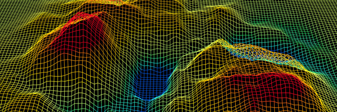 Topographic grid wireframe. Gradient mountain and lake grid neon.