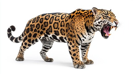 A fierce jaguar roaring on a white background