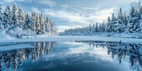 Obraz premium A serene winter scene featuring a frozen lake surrounded by snow-covered trees, perfectly reflecting the snowy landscape and sky.