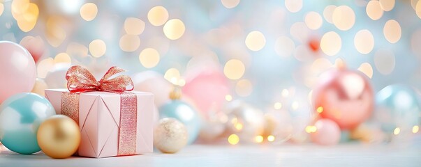 Festive New Year scene, clean podium, colorful banner, sparkling decorations, celebratory mood