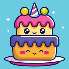 Cute Birthday Cake Party Cartoon Vector Icon Illustration 