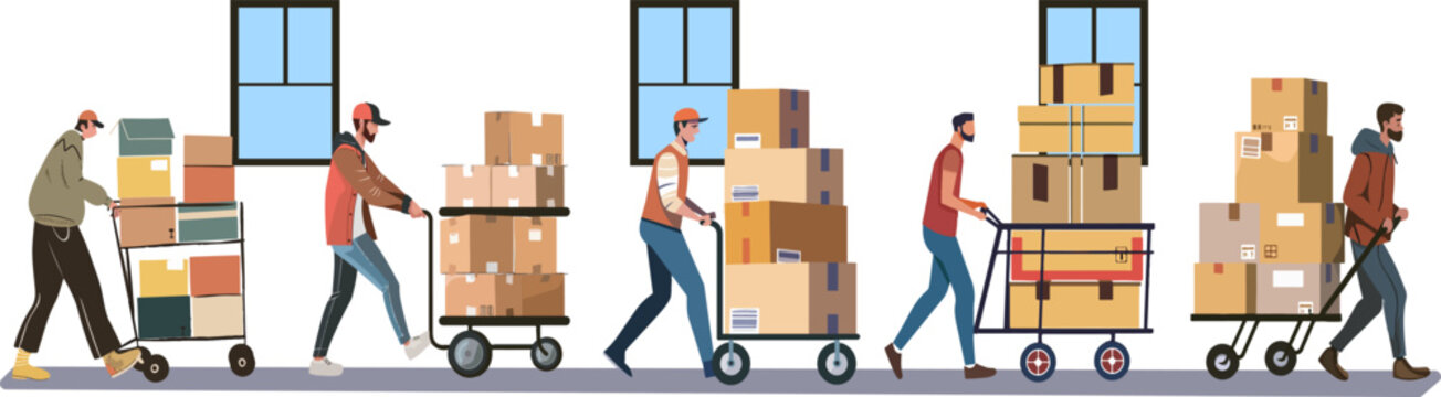 Illustration of workers pushing trolleys loaded with cardboard boxes, depicting teamwork and logistics