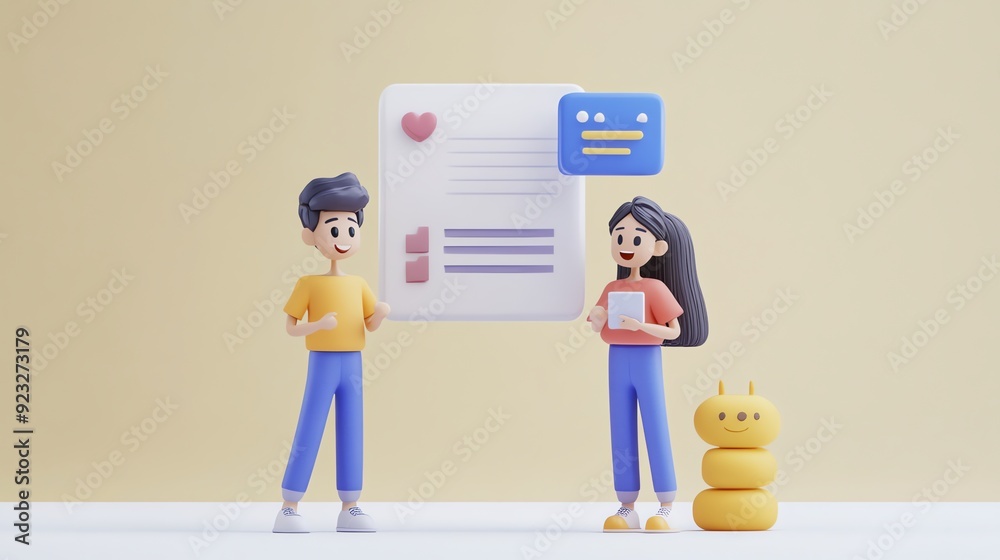 Aufkleber 3D Characters Discuss Document with Heart and Menu Icon.