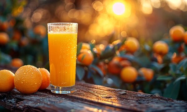 A glass of fresh orange juice on a wooden table in a citrus orchard.