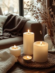 White candles on wooden table