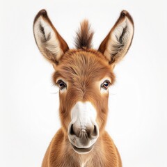 Fototapeta premium Close-up portrait of a cute donkey on a white background, showcasing its expressive eyes and endearing features.