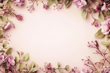 Fototapeta premium Elegant floral border with vibrant flowers lush greenery on light background. Ideal for decorative designs wedding invitations or romantic designs valentines day, mother's day, women's day