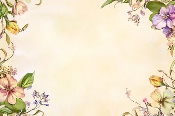 Fototapeta premium Elegant floral border with vibrant flowers lush greenery on light background. Ideal for decorative designs wedding invitations or romantic designs valentines day, mother's day, women's day