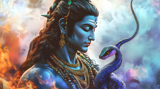 Beautiful digital artwork of lord Shiva with a divine serpent, perfect for adding a touch of spirituality to your space.