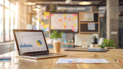 Naklejka premium Strategic PR Command Center Laptop Media Monitoring and Press Release Drafts in Modern Office Setting