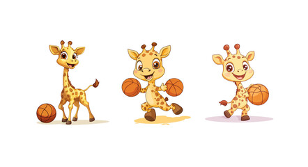 Cute cartoon-style giraffe playing basketball, white background,