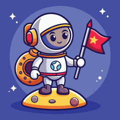  Cute Astronaut Holding Rocket Flag on Moon Cartoon Vector Icon Illustration