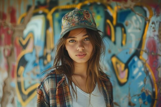 A woman stands defiantly in front of a graffiti wall.