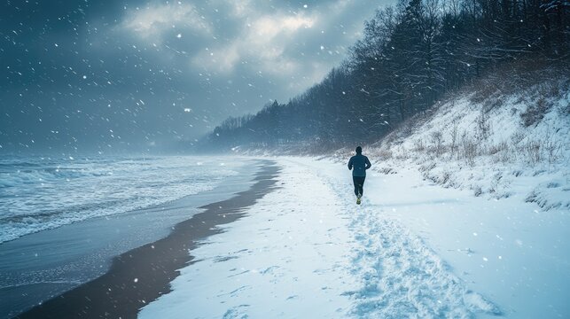 A lone man runs along a snowy beach. Perfect for articles about winter running and fitness goals.