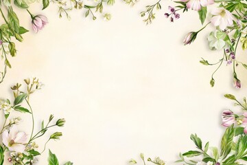 Obraz premium Elegant floral border with vibrant flowers lush greenery on light background. Ideal for decorative designs wedding invitations or romantic designs valentines day, mother's day, women's day