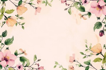Fototapeta premium Elegant floral border with vibrant flowers lush greenery on light background. Ideal for decorative designs wedding invitations or romantic designs valentines day, mother's day, women's day