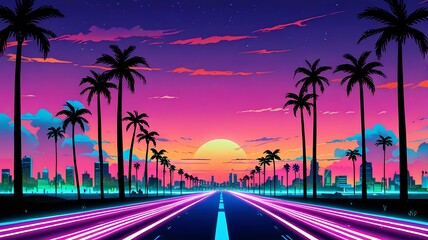 Naklejka premium Vibrant cityscape combining a futuristic aesthetic with neonlit roads, palm trees, and a stunning sunset. Ideal for science fictionthemed designs
