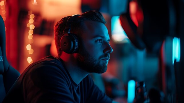 A portrait of a podcast host deep in thought, leaning into the microphone, with a creative studio backdrop.