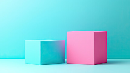 Obraz premium Colorful geometric cubes in pink and blue against a vibrant backdrop, perfect for modern design and minimalistic aesthetics.