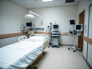 Hospital Room Bed and Equipment
An empty hospital room with a neatly made bed, medical monitors, and equipment on standby, capturing the sterile and organized environment of a medical setting.