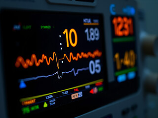 Digital Medical Monitor Display
Close-up of a digital medical monitor displaying vital signs, with a dark background to highlight the glowing data and emphasize the importance of patient monitoring.