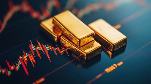 Gold bars placed on top of fluctuating stock market graphs, representing the steadiness of gold in a volatile market gold investment, market stability