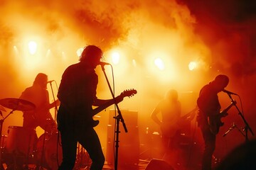 Fototapeta premium Music Band Silhouettes Performing on Concert Stage at Rock Festival