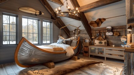 Cozy Wilderness Retreat Rustic Cabin Bedroom with Canoe Bed and Bearskin Rug