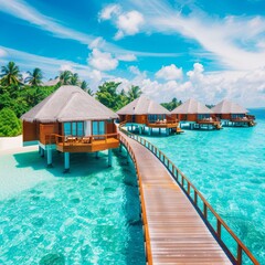 Overwater bungalows and a wooden walkway amidst crystal-clear turquoise water with a backdrop of palm trees and a clear blue sky.