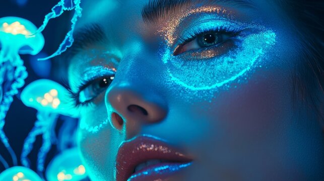 Futuristic Portrait of Woman with Neon Makeup and Bioluminescent Jellyfish Theme