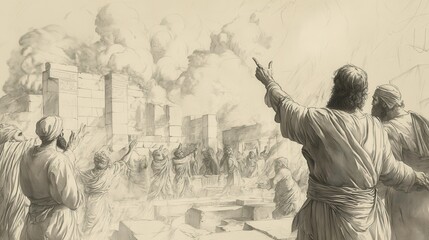 Biblical Illustration of The Reforms of Josiah: Ordering Destruction of the Altar at Bethel, Fulfilling Man of God’s Prophecy, Beige Background