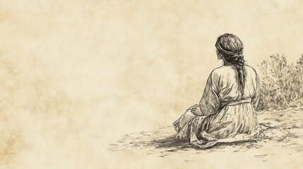 Naklejka premium Biblical Illustration of 2 Kings: Shunammite Woman Offers Thanksgiving Prayer for God’s Faithfulness and Provision, Bible Wall Art with Beige Background