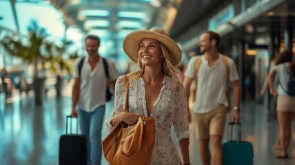 Happy Woman in Summer Dress and Hat Walking Through Modern Airport Terminal with Travelers in Background