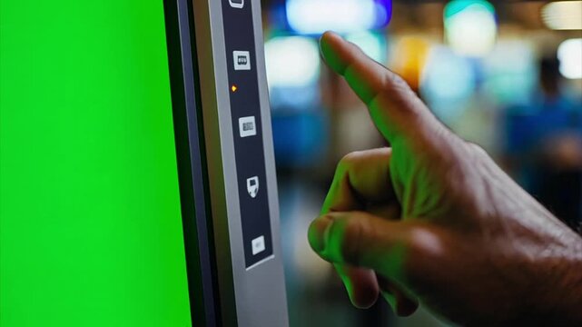 Black man's Finger pushing buttons on a touchscreen on a voting machine during a USA election where the screen is a chroma key green screen.
