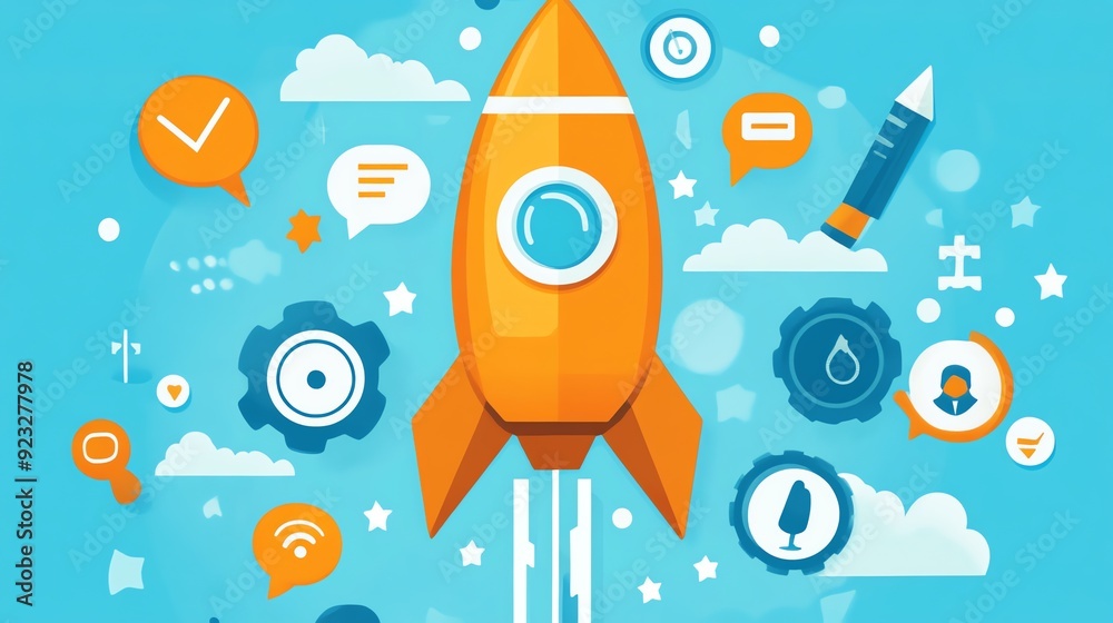 Poster start up business concept with rocket and icons.