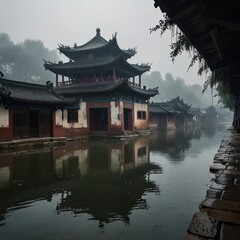 Naklejka premium a small river with a bridge and a reflection of a building in the water.