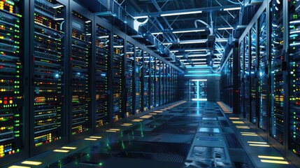 A large data center dedicated to storing genomic data, rows of servers, blinking lights, secure and high-tech environment