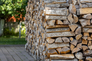 Background of stacked chopped wood logs. Pile of wood logs ready for winter. Wooden stumps,...