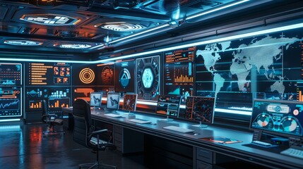 Naklejka premium Virtual Vigilance Futuristic Cyber Security Hub with RealTime Global Monitoring and CuttingEdge Technology