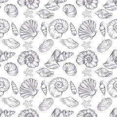 Hand drawn black coal pencil seashells seamless pattern isolated on white background. Marine illustration can be used for textile, fabric, scrapbook and other printed products.